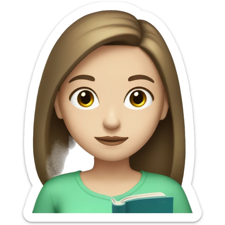 Girl with straight chin length brown hair and pale skin tone and blue green eyes reading a book  sticker