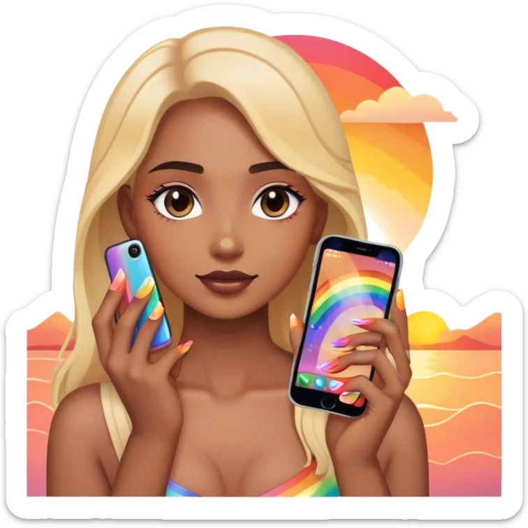 A person holding a phone with a sunset, phone cover and with rainbow nails sticker