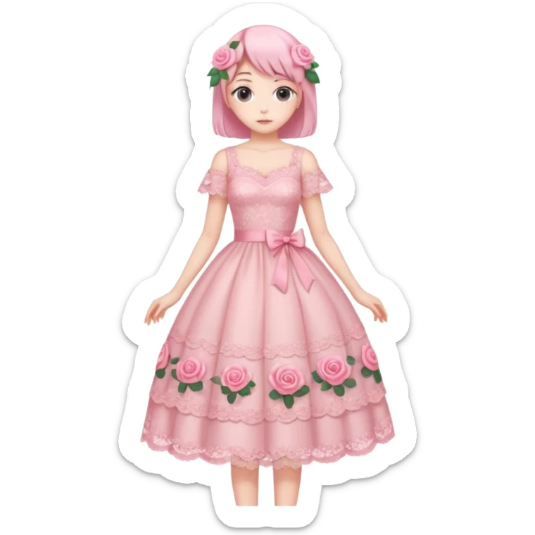 pastel anime woman with pink roses lace dress full body sticker