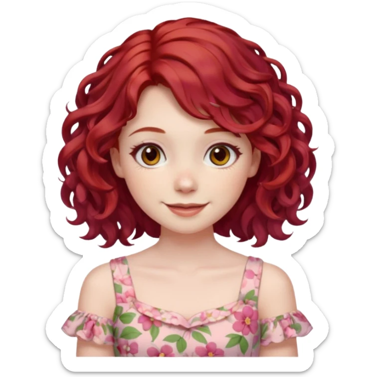 girl with shoulder length curly cherry red hair with brown eyes and pale skin smiling. pastel dress sticker