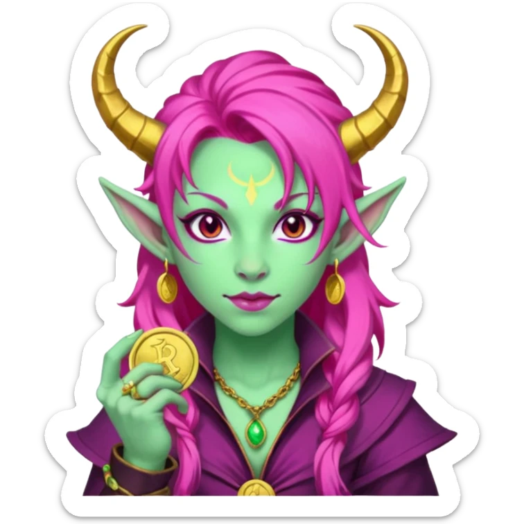 A D&D tiefling with pale green skin and long hot pink hair. She is a rouge and is obsessed with gold sticker