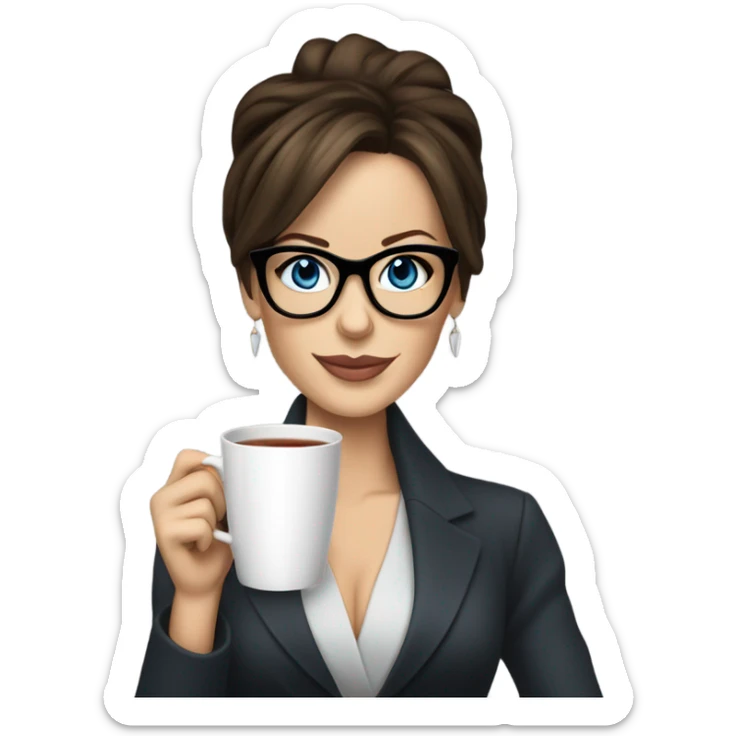 Hyper Realistic Kate Beckinsale blue eyes wearing glasses in a business dress drinking a cup of tea  sticker