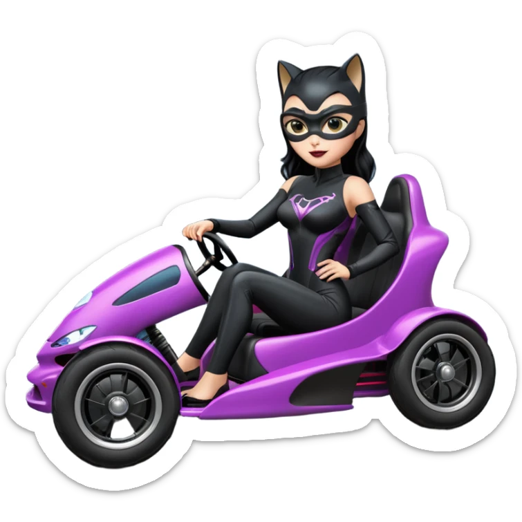 full size real-appearance electric road racing sexy CatWoman’s feminine midnight-colored tight outfit sixty’s tv show dark stealthy accurate sporty safe plush deluxe off-road pursuit drifting car jaguar accents (black hair,reclined and relaxed torso and shoulders seating position) go kart  sticker