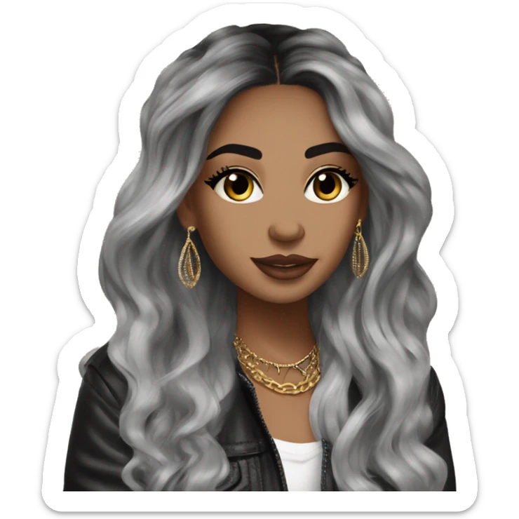 Glamorous, streetwear, black balayage hair, long wavy hair, olive skin, brown almond eyes, winged eyeliner with big lashes, wearing hooped earrings, rings and bracelets  sticker