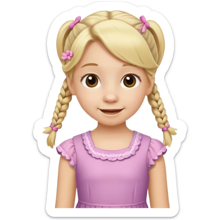 10 year old girl emoji, blonde hair in pigtails, wearing a dress, cheerful expression sticker