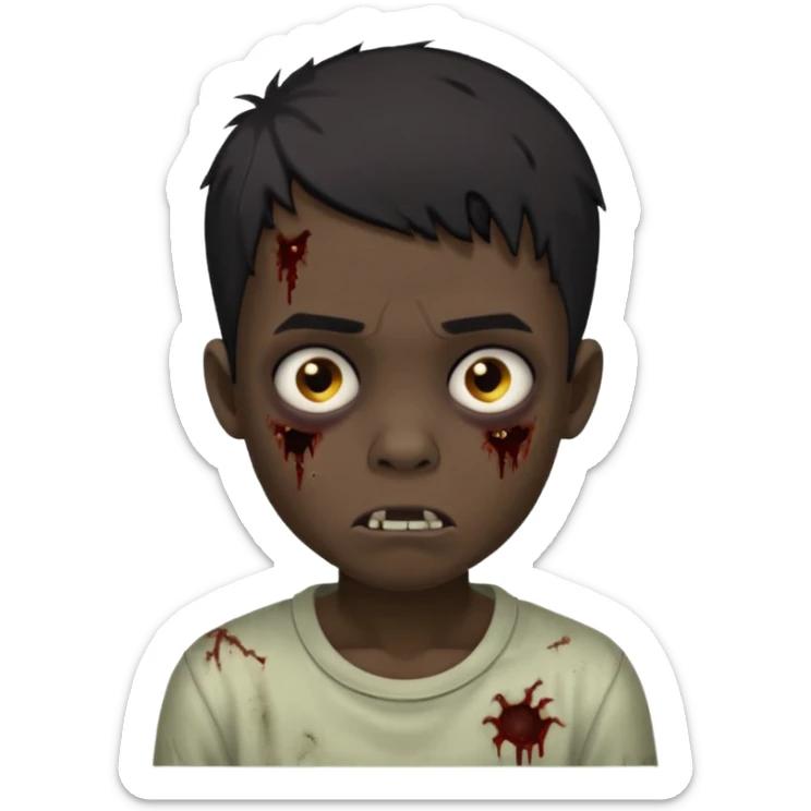 Make a boy zombie with a dark skin and short black hair 4c, spook and creepy expression emoji sticker
