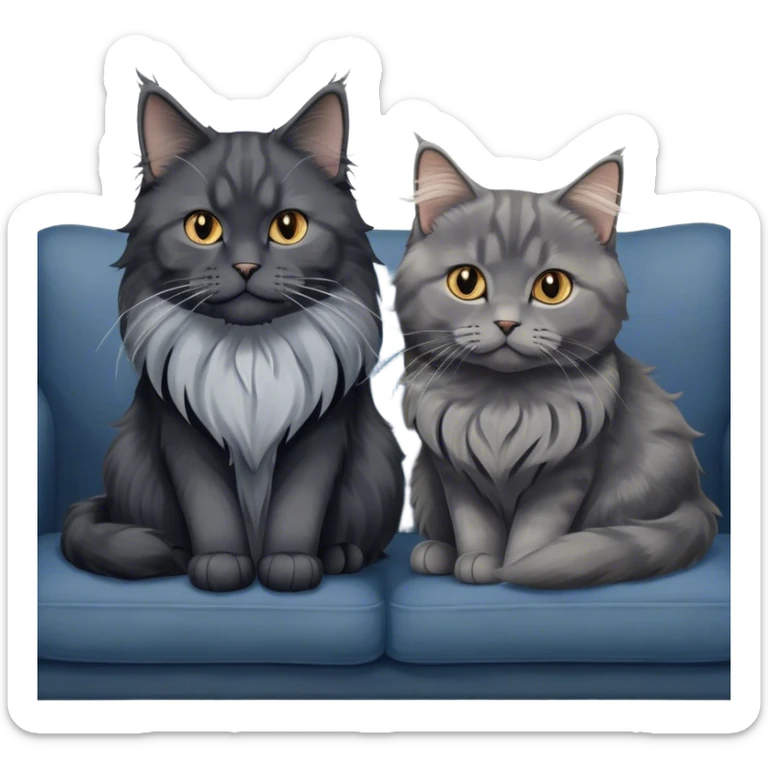 Portrait of a black smoke Maine Coon cat with long grey ear tufts, alongside a British Shorthair cat with a solid blue coat on sofa. Both cats with detailed fur textures and playful expressions. Soft, elegant background of room with warm, natural tones. Transparent background. sticker