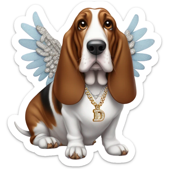 Elderly Basset hound with angel wings eating a box of chocolates and wearing a large letter D bling necklace sticker