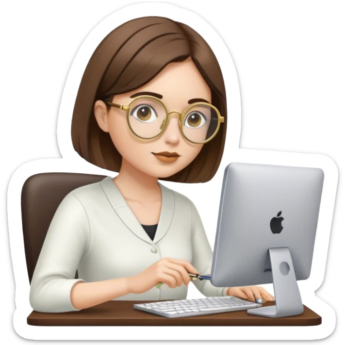 white woan with asymetric bob cut brown hair with round gold glasses working on a pc sticker