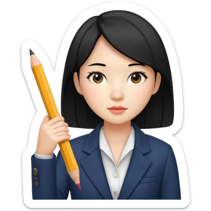 a korean cosmetics marketing expert women with black hair, holding a pencil sticker