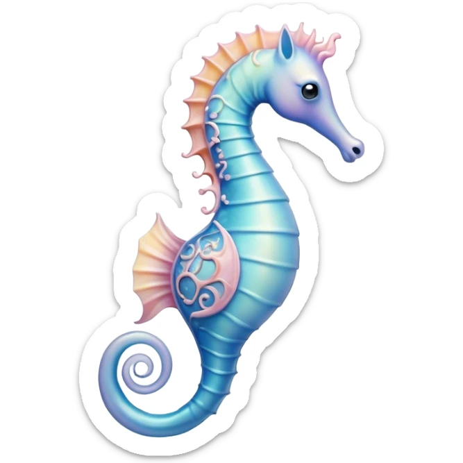 Cinematic Noble Sea Horse Portrait Emoji, Poised and enchanting, with a delicate, slender body in soft pastel hues, a gracefully curled tail and large, expressive eyes radiating gentle wonder, Simplified yet charmingly cute features, highly detailed, glowing with a soft, magical aquatic luminescence, high shine, intelligent and endearing, stylized with an air of whimsical marine grace, focused and poised, soft glowing outline, capturing the essence of a watchful and confident seahorse that appears ready to drift out of the screen with delightful charm! sticker
