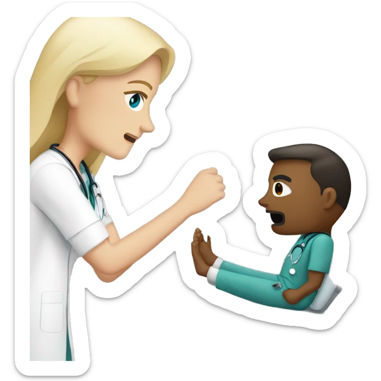 Scared, masculine male patient with a blonde female doctor examining his foot sticker