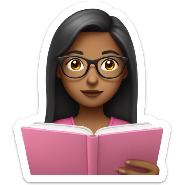 girl with glasses and dark hair reading on a pink tablet sticker