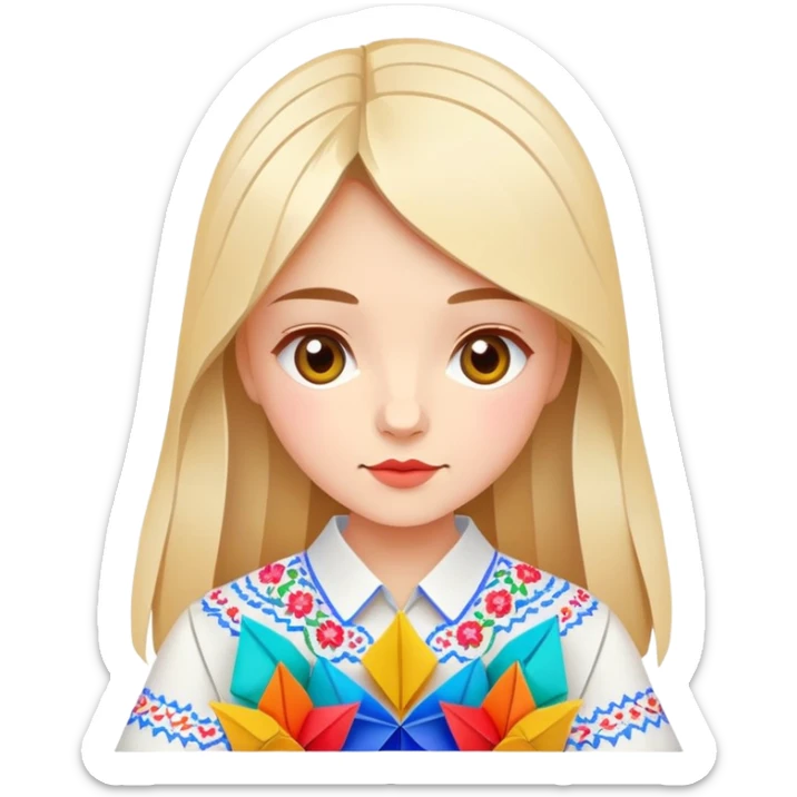 Ukrainian young girl in a white embroidered traditional shirt (vyshyvanka) holding colorful origami sticker