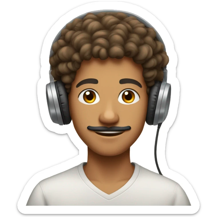 a handsome 17 year old Moroccan boy with a mustache and curly hair and a light brown dye with headphones in his ears sticker