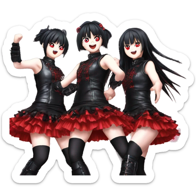 "Su-metal", "Moametal", and "Momometal" from the band Babymetal doing their dance move on stage wearing their black leather over red frilly dress sticker