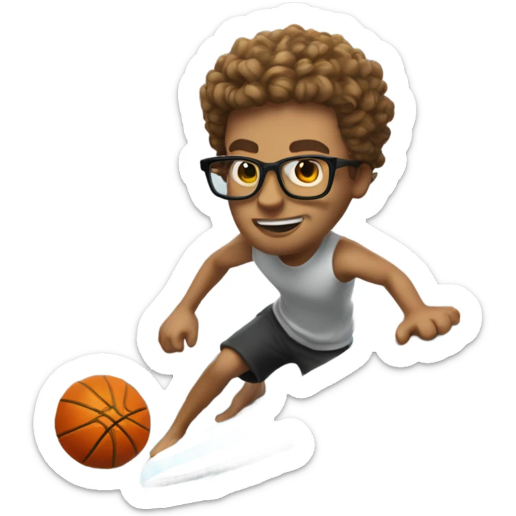 White guy with glasses and short curly hair surfing and spinning a basketball all while being half shark sticker