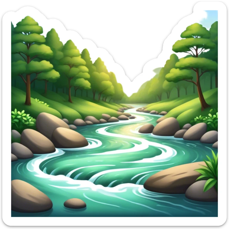 Cinematic Realistic River Emoji, Serene and flowing, with sparkling water meandering through lush greenery, surrounded by trees and rocks. The sun dances across the rippling surface, creating glimmering reflections while birds fly overhead. Soft glowing outline, capturing the essence of peacefulness and tranquility in a meandering river. sticker