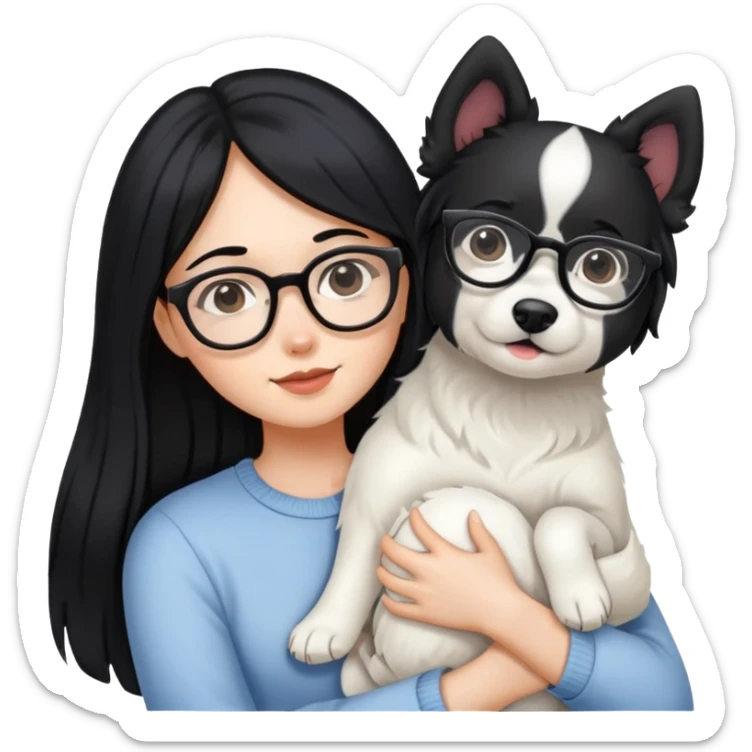 A girl with long black hair and glasses holding a white dog sticker