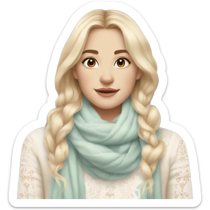 pretty blonde white woman with vanilla girl vibes, wearing a white lace shirt with a soft pastel borwn winter scarf and her hair is decorated with soft pastel sweet vibes ribbon sticker