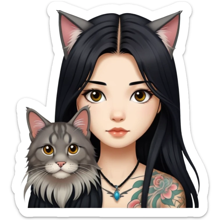 a Chinese girl with long black  straight hair and tattoos and Maine coon sticker