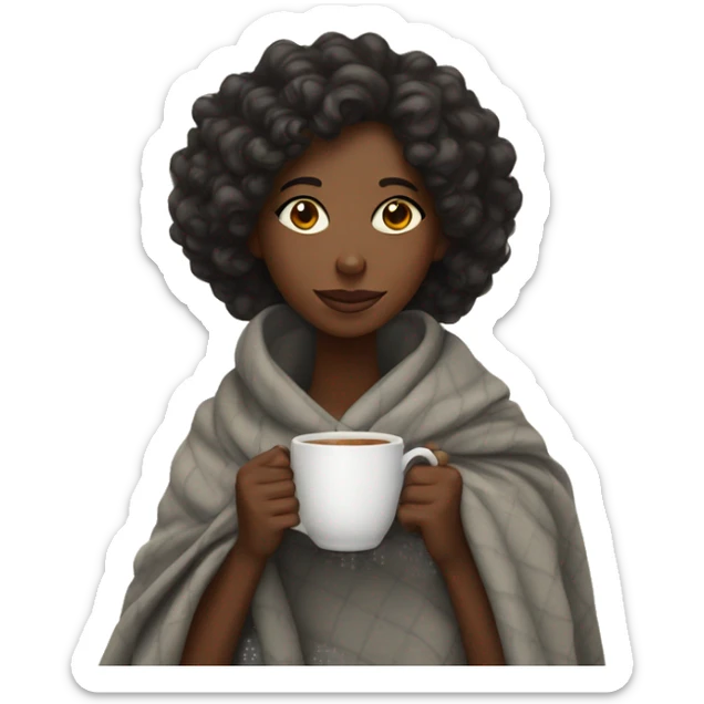 a black girl with curly hair wrapped in a blanket with a cup of tea sticker