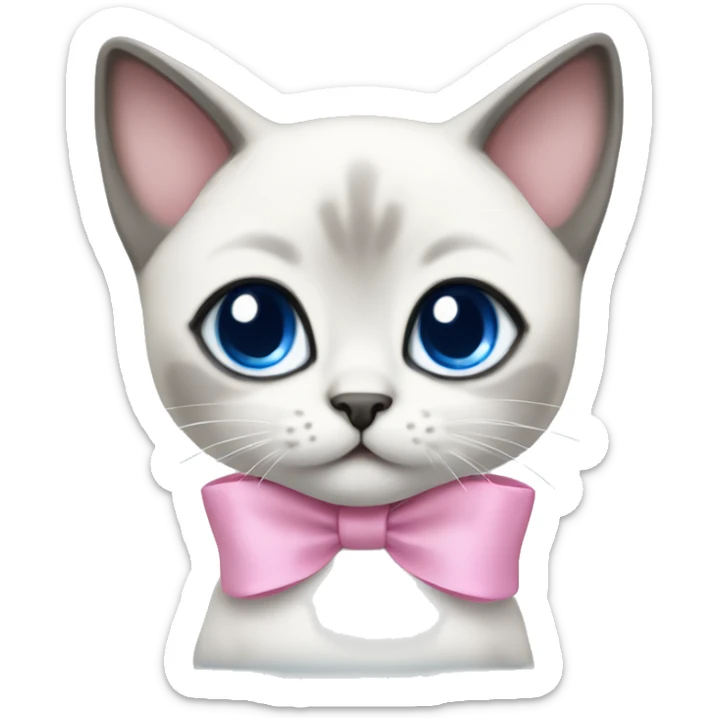 kawaii white and gray siamese kitten with blue eyes and pink bow on top of head sticker