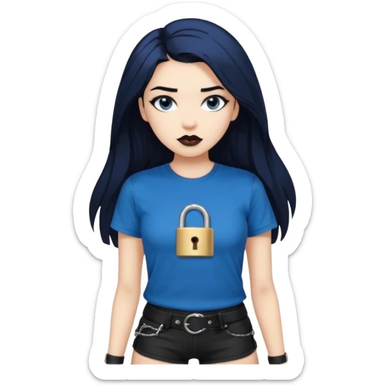 young woman with long hair dyed blue and black. wearing a black T-shirt with a text "Priv." and a lock icon next to it. wears tight black shorts with side strapping details that have buckles. makeup is striking, with dark lips and well-defined eyebrows. sticker