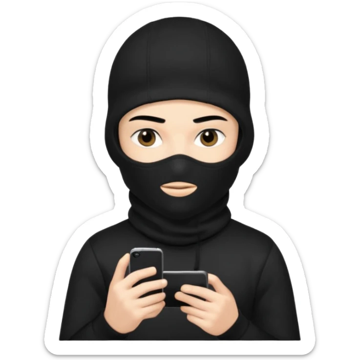 Junge mit Sturmhaube handy in der hand komplett schwarzes outfit und augenbraun gut sticker