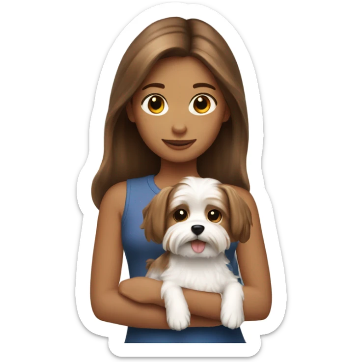 a girl with brown hair holding a white morkie dog sticker