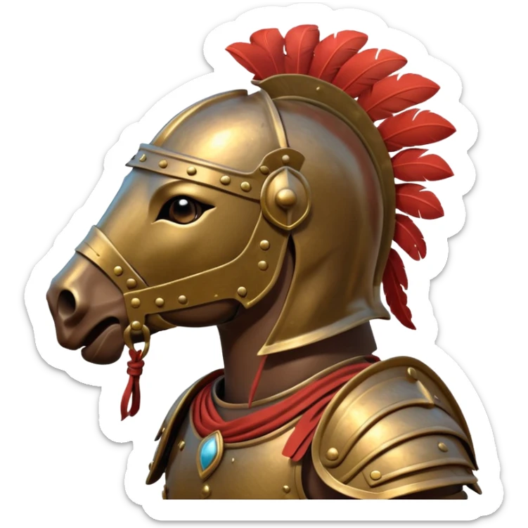 An emoji of a powerful Roman warhorse in full armor, with a feathered helmet. sticker