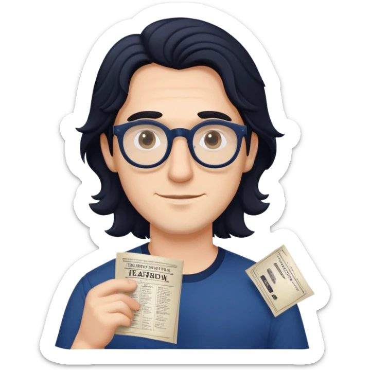 Young caucasian man with longer wavy black hair, round glasses, dark blue shirt, with theater playbill in hand sticker