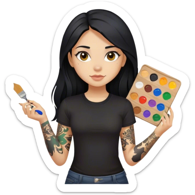 A girl with long black hair  light complexion and hazel eyes and black tattoos on right arm holding a paint palette  wearing black shirt sticker