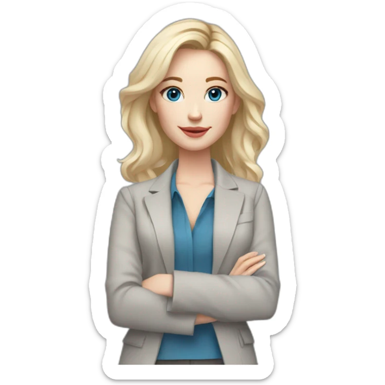 pale skin woman interior designer with cold blonde middle length hair, blue eyes, White blouse, Gray oversize jacket, Gray skirt holding a color palette in the hands sticker