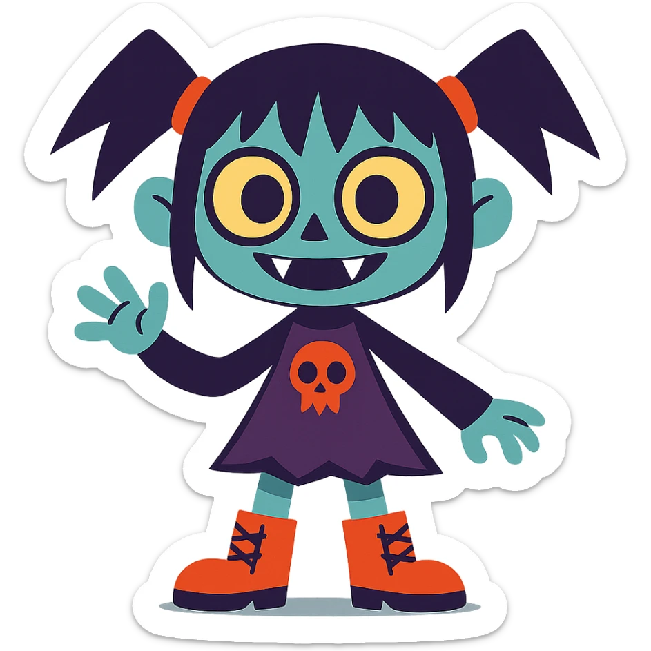 scary cute girl character, big eyes, playful but spooky, cartoon style sticker