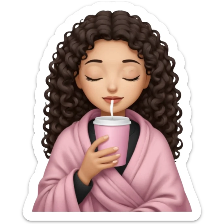 hispanic woman, light brown skin, black long 3b curls, closed eyes, feminine face, holding soft pink coffee cup with beige blanket over shoulders sticker