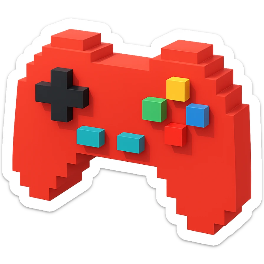 game controller, voxel style, 3D cubic form, red color sticker