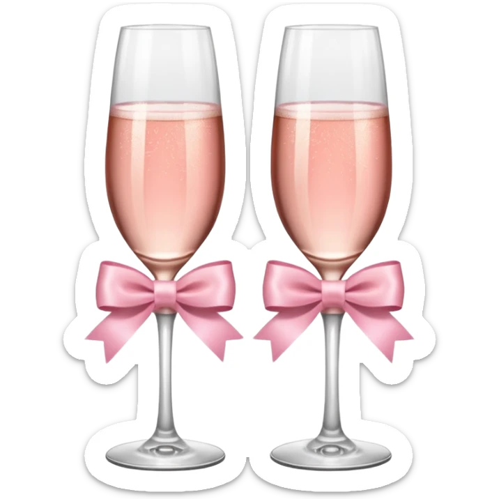 Dos Champagne rosa cruzadas de la parte donde se sostiene con la mano, formando una x, con un listón de moño color rosa claro sin cartas, que sea aesthetic sticker
