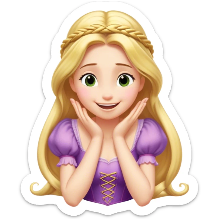 Cinematic Playful Rapunzel Portrait Emoji, Giggling as Pascal sits atop her head, hands cupped over her mouth in a moment of pure joy, her radiance shining through, utterly enchanting! sticker