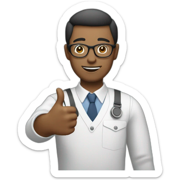 man wearing glasses and holding a computer in his right hand and signaling OK with his left hand sticker