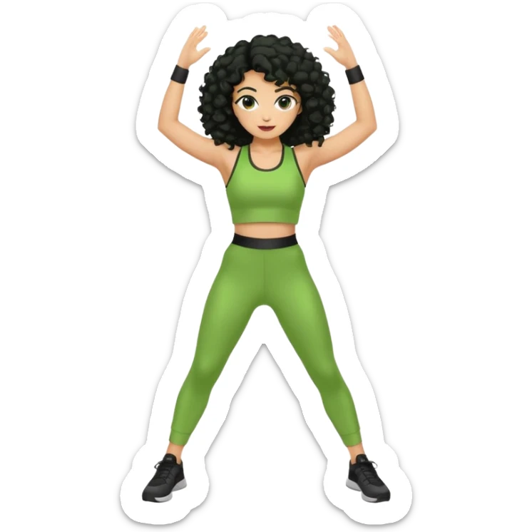 woman with olive skin and curly black hair wearing a green workout outfit and standing in a disco pose sticker