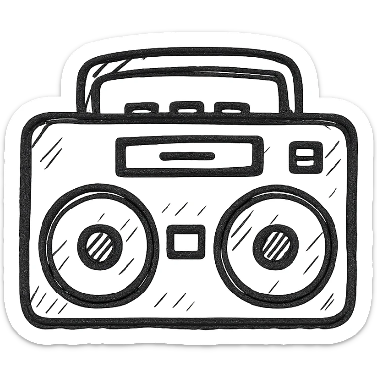 Boombox icon, hand drawn, black outlines, no fill, simple and clean, top view sticker