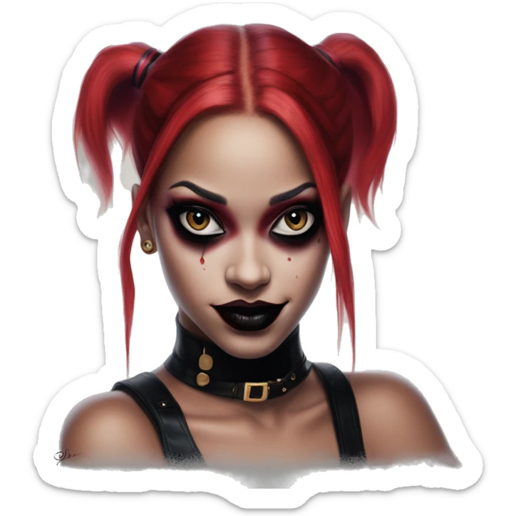 Mario Rihanna in Harley Quinn style, oil paint, mysterious eyes, intricate lips, masterpiece portrait, odd perspective, beautiful, desirable, logical sticker