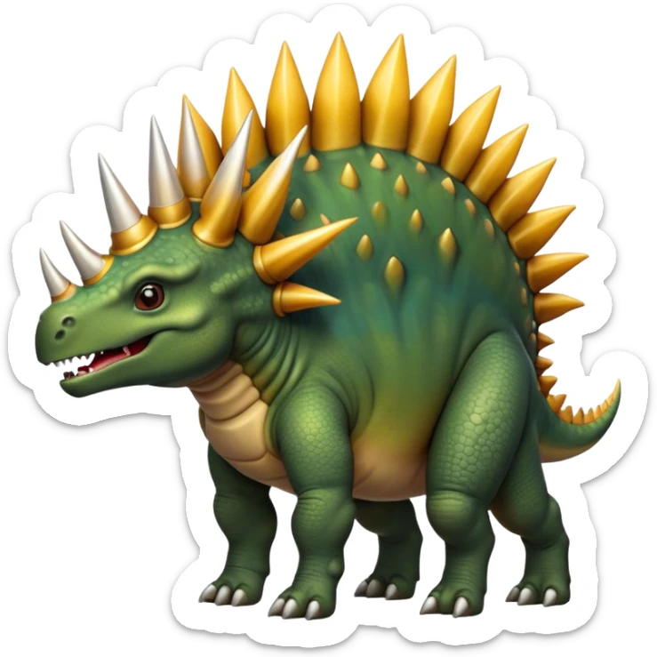 Cinematic Noble Stegosaurus Portrait Emoji, Poised and dignified, with a sturdy, low-slung body adorned by a distinctive row of bony plates along its back and a spiked tail, a small, determined head with observant eyes, Simplified yet sharply defined features, highly detailed, glowing with a soft, earthy radiance, high shine, intelligent and resolute, stylized with an air of ancient armored majesty, focused and alert, soft glowing outline, capturing the essence of a watchful and confident Stegosaurus that appears ready to lumber out of the screen with effortless authority! sticker