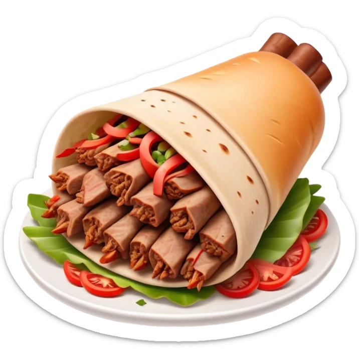 Cinematic Realistic Doner Kebab Dish Emoji, showcasing succulent, spiced meat shaved from a rotating spit rendered with lifelike detail and dynamic, appetizing lighting. sticker