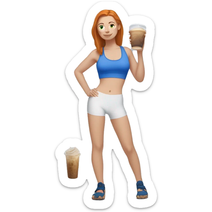 Ginger straight haired white girl in blue sports bra and leggings and birkenstocks drinking iced coffee sticker