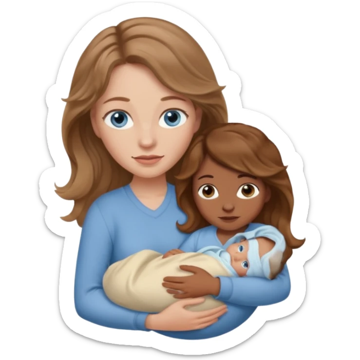 Caucasian Woman with blue eyes and light brown wavy hair carrying brown skinned newborn sticker