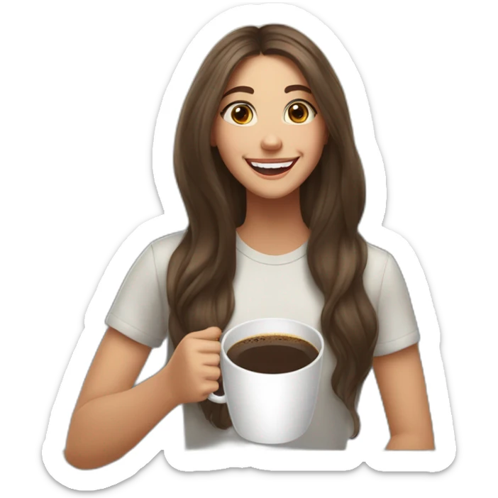 white young brunet woman with long flat hair with face visible huge smile and eyes wide open holding a cup of coffee the same size of her head sticker