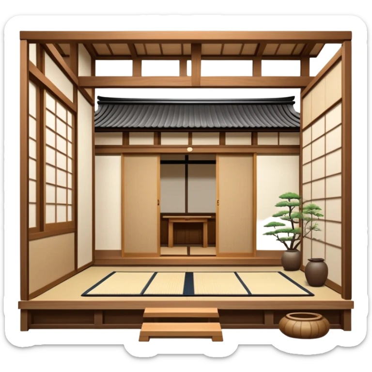 Traditional Japanese house with wooden structure, sliding shoji doors, tatami mats sticker