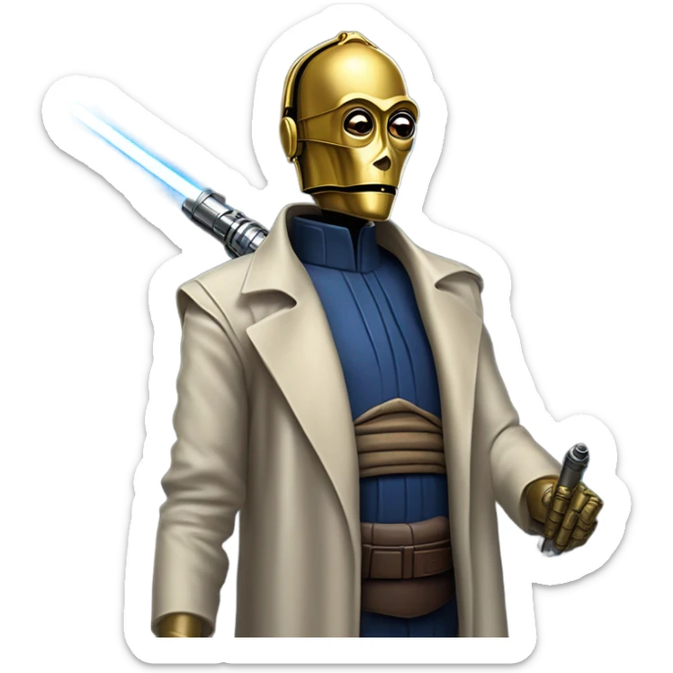 tarnished undercover tough well-equipped Jedi  life-sized darkblue-pearl C3po leather vest clothing pants and vest old west duster coat holding light saber sheriff sticker
